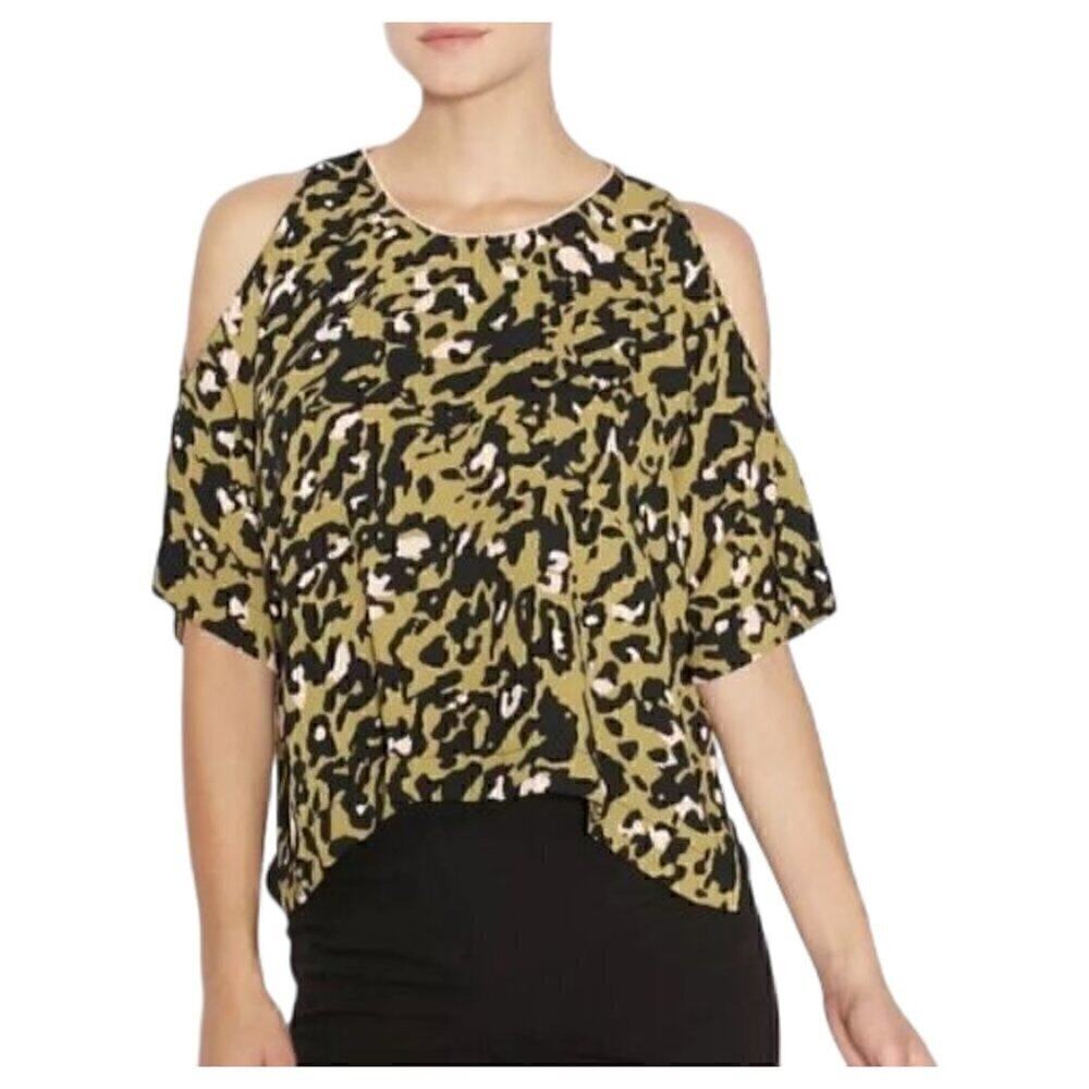 TopShop Tan White Black Animal Print Round Neck Cold Shoulder Blouse Top Size 2